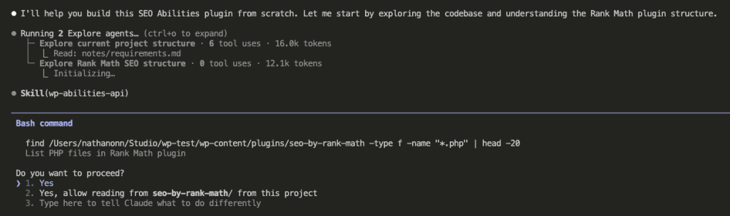 Claude Code running two parallel Explore agents - one for exploring current project structure reading requirements.md, another for exploring Rank Math SEO structure, plus activating the wp-abilities-api skill