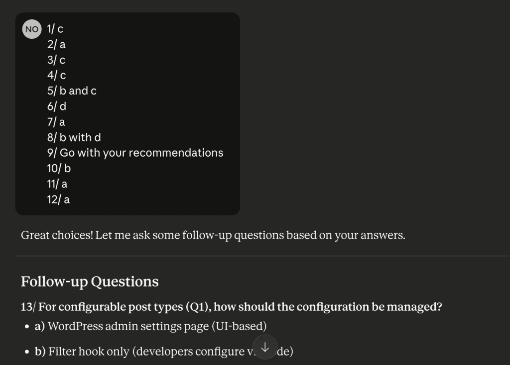 User answering Claude's questions with choices like "1/c" for configurable post types, "2/a" for API-only, "3/c" for both Gutenberg and Classic editor support