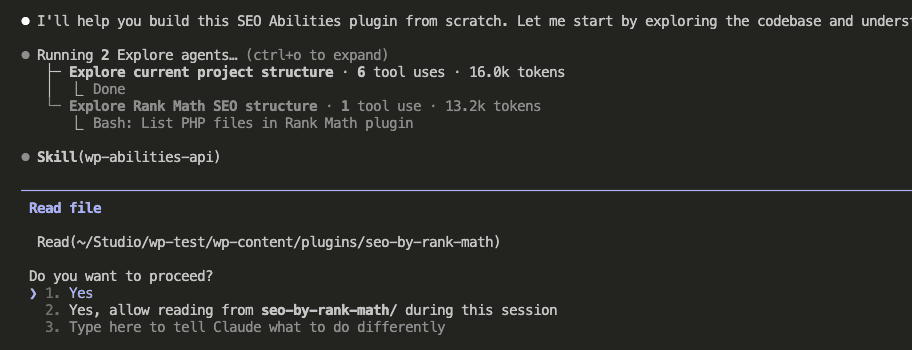 Claude Code showing the Explore Rank Math SEO structure agent reading PHP files from the seo-by-rank-math plugin directory