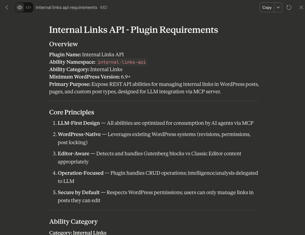 Requirements document showing plugin name "Internal Links API", ability namespace "internal-links-api", core principles including LLM-First Design and Editor-Aware architecture