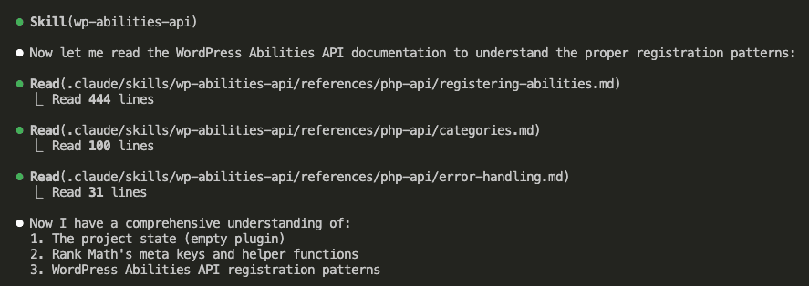 Claude Code reading WordPress Abilities API documentation files including registering-abilities.md (444 lines), categories.md (100 lines), and error-handling.md (31 lines)