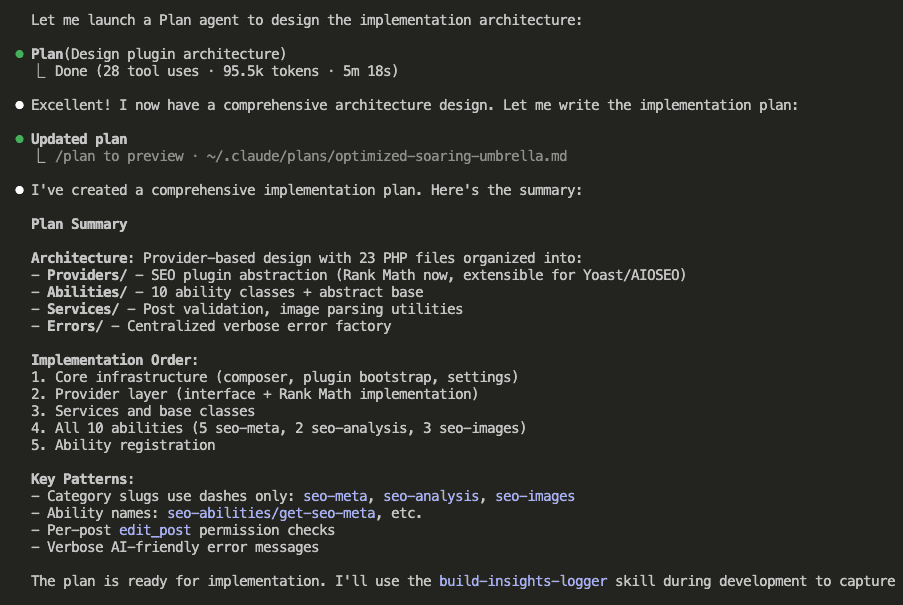 Claude Code showing Plan agent completed with 28 tool uses and 95.5k tokens in 5m 18s, displaying implementation plan summary with architecture details, implementation order, and key patterns