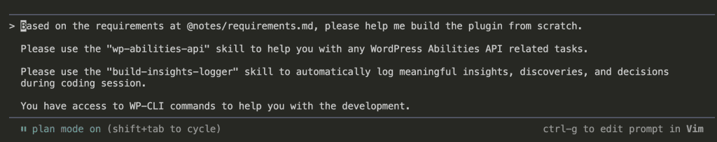 Terminal prompt asking Claude Code to build the plugin from scratch using wp-abilities-api skill and build-insights-logger, with WP-CLI access mentioned
