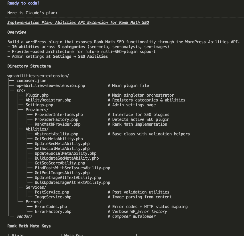 Claude's implementation plan showing overview of 10 abilities across 3 categories, provider-based architecture, and detailed directory structure with src folder containing Plugin.php, AbilityRegistrar.php, Settings.php, and subfolders for Providers, Abilities, Services, and Errors