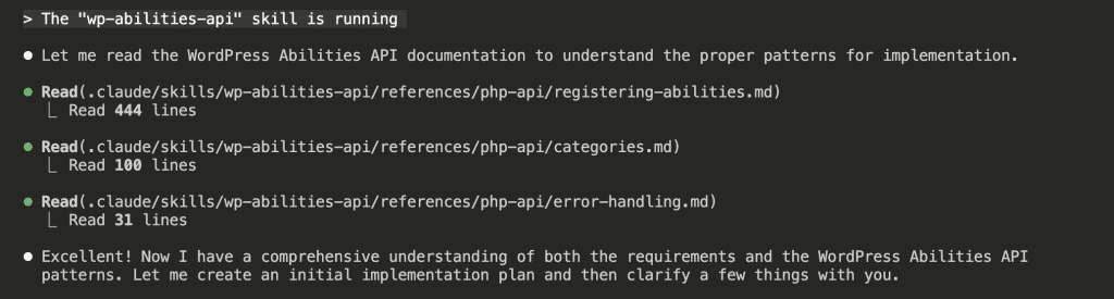 Claude Code reading WordPress Abilities API documentation files including registering-abilities.md, categories.md, and error-handling.md