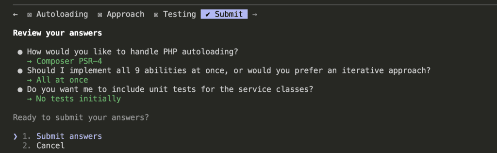 Interactive prompt showing Claude Code asking about PHP autoloading (Composer PSR-4), implementation approach (all at once), and testing strategy (no tests initially)