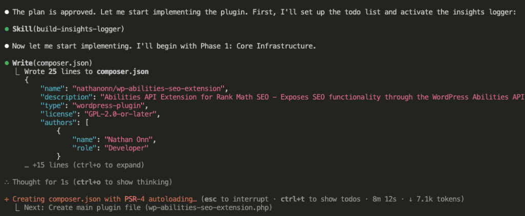 Claude Code starting implementation after plan approval, activating build-insights-logger skill, creating composer.json with PSR-4 autoloading, showing file contents being written