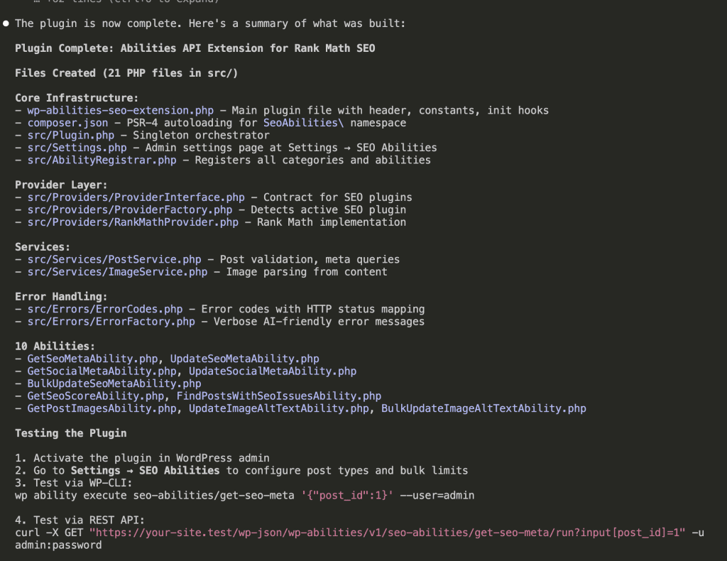 Claude Code build completion summary showing 21 PHP files created across Core Infrastructure, Provider Layer, Services, Error Handling, and 10 Abilities, with testing instructions via WP-CLI and REST API