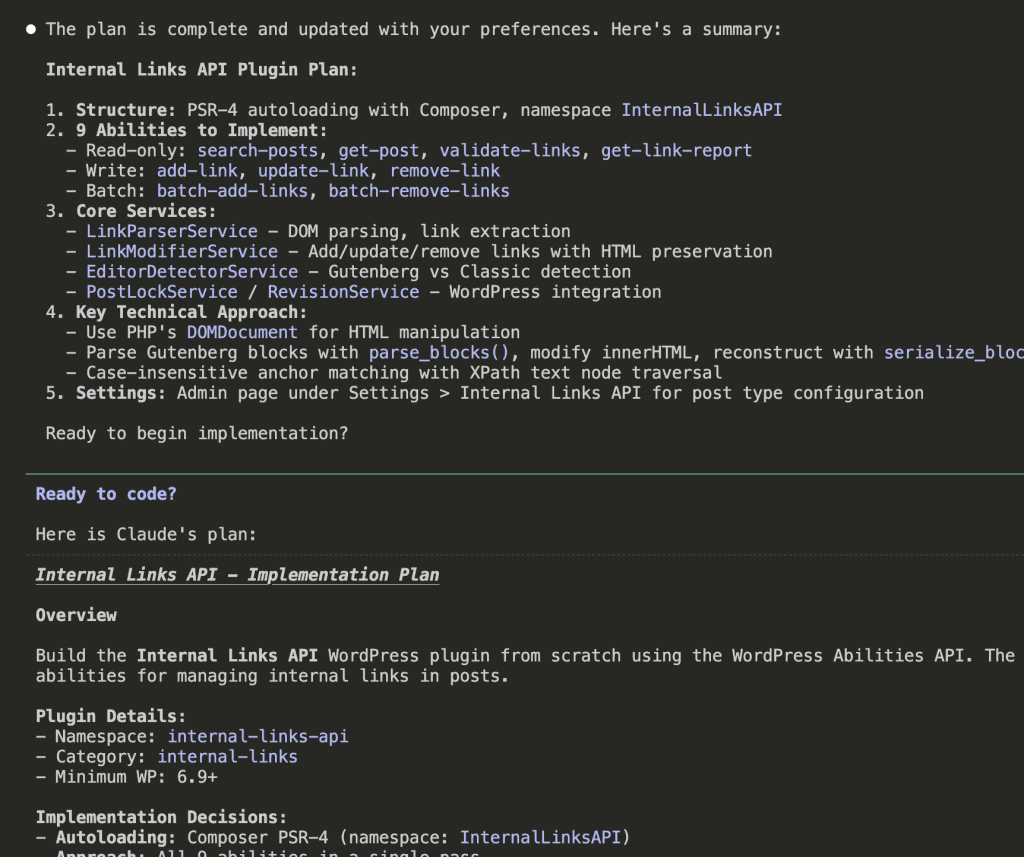 Implementation plan summary showing 9 abilities to implement, core services like LinkParserService and LinkModifierService, and technical approach using DOMDocument