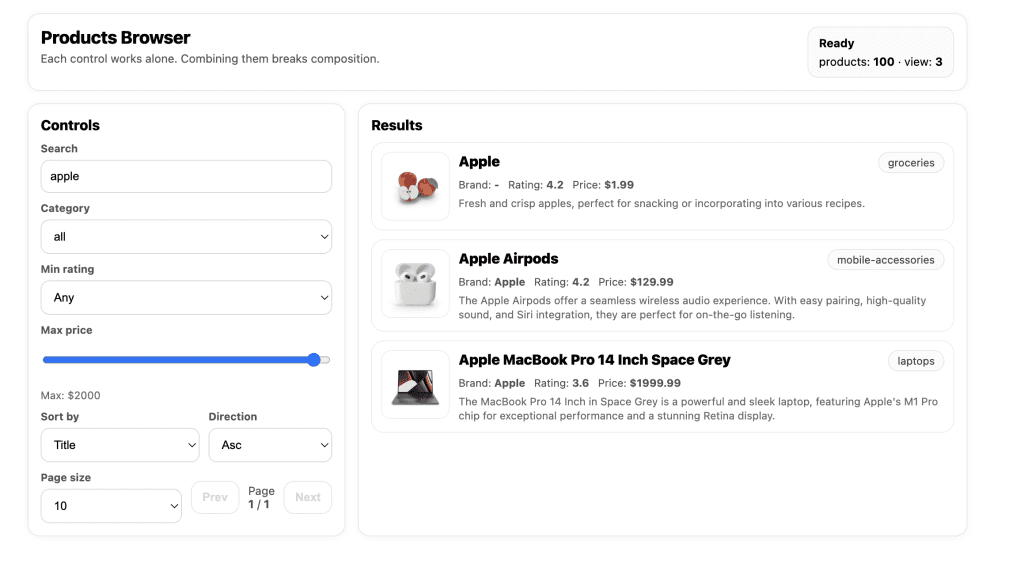 Products Browser interface showing a search for "apple" returning 3 matching results: Apple fruit priced at $1.99, Apple Airpods at $129.99, and Apple MacBook Pro at $1999.99. The status shows "Ready - products: 100 · view: 3"