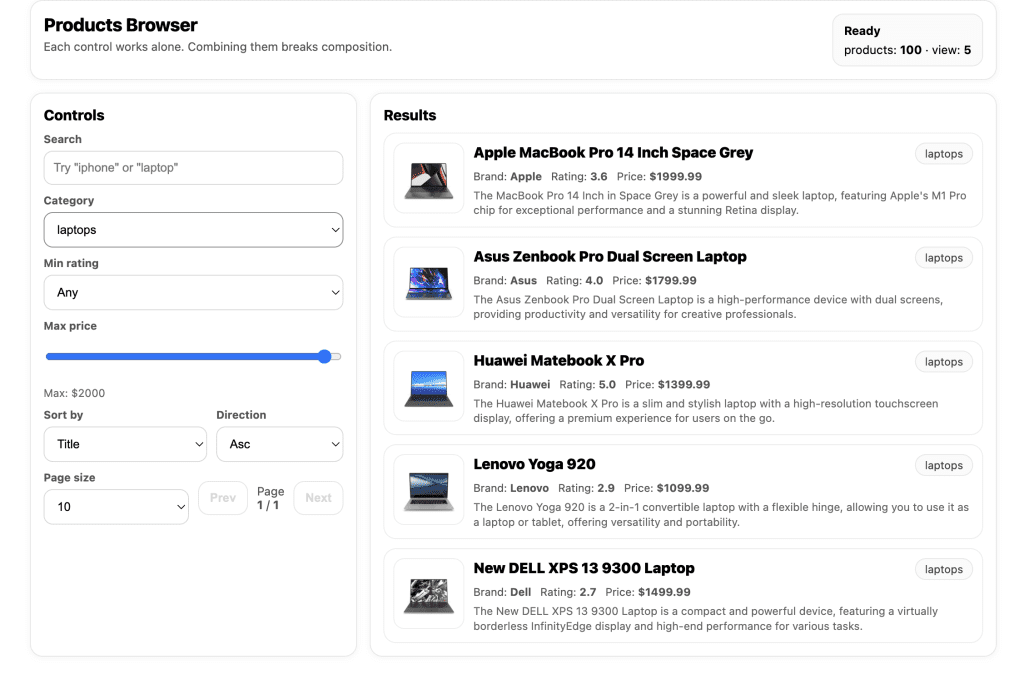 Products Browser interface with category filter set to "laptops" displaying 5 laptop products including MacBook Pro, Asus Zenbook, Huawei Matebook X Pro, Lenovo Yoga 920, and Dell XPS 13. Status shows "Ready - products: 100 · view: 5"
