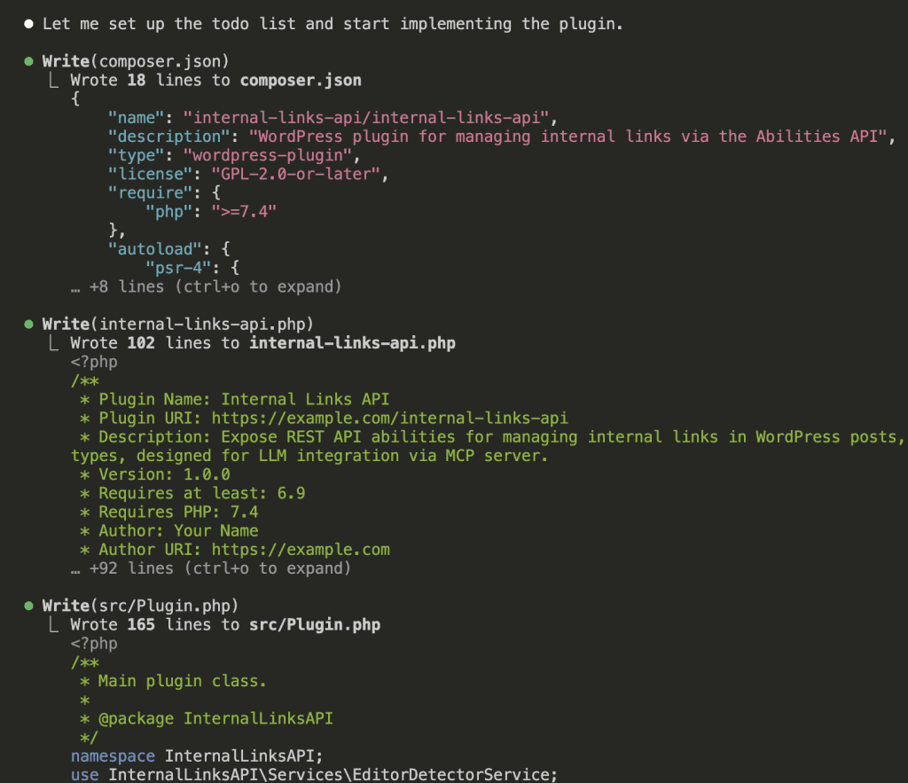 Claude Code creating composer.json and main plugin file, showing green progress indicators for file creation