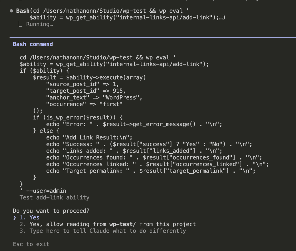WP-CLI command executing add-link ability with parameters for source post ID 1, target post 915, anchor text "WordPress", showing test execution in progress
