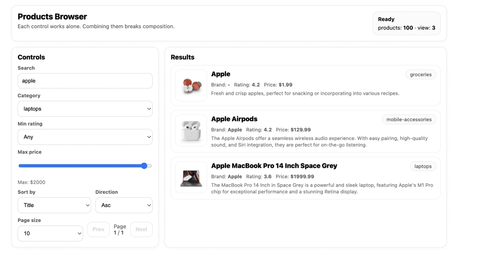 Products Browser showing broken behavior when combining search term "apple" with category filter "laptops". Results incorrectly display Apple fruit and Apple Airpods alongside MacBook Pro, ignoring the laptops-only filter