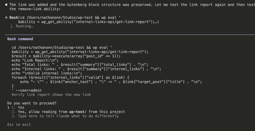 WP-CLI testing get-link-report ability showing successful link report generation with internal links found and validated