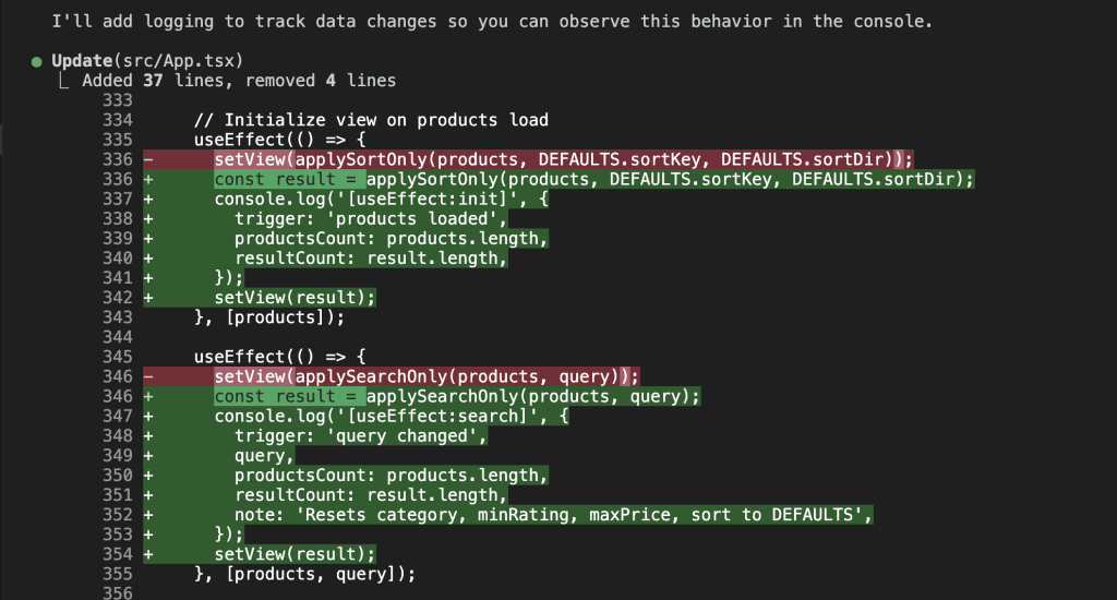 Claude Code diff view showing 37 lines added to src/App.tsx, adding console.log statements to useEffect hooks that track triggers like 'products loaded', 'query changed', and 'filter changed' with their corresponding state values