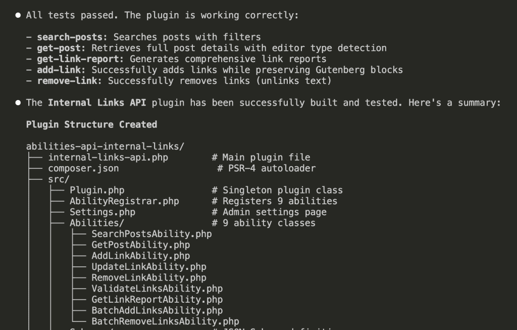 Plugin structure tree showing main plugin file, composer.json, src folder with Plugin.php, AbilityRegistrar.php, Settings.php, 9 Ability classes, Services folder, and Schemas folder