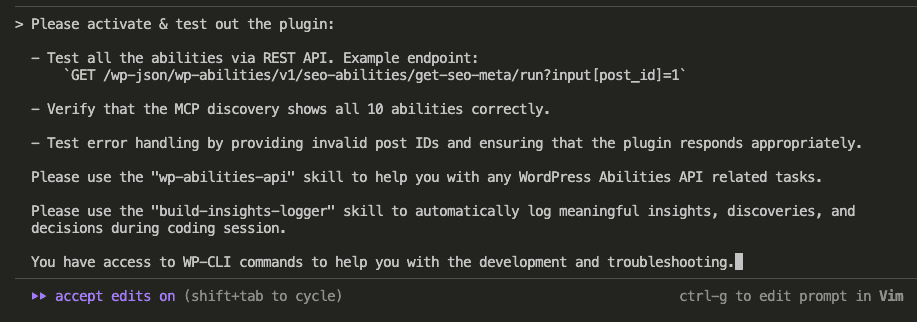 Claude Code terminal showing test prompt asking to activate and test the plugin via REST API, verify MCP discovery shows all 10 abilities, and test error handling with invalid post IDs