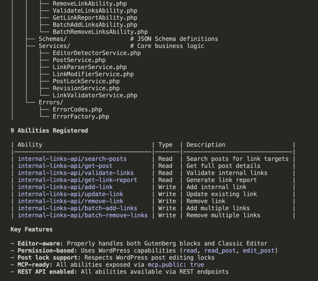 Table continuation showing key features including Editor-aware handling, Permission-based access, Post lock support, MCP-ready status, and REST API enabled