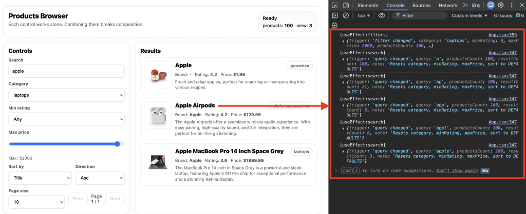 Split screen showing Products Browser on the left with search "apple" and category "laptops" selected, and Chrome DevTools console on the right displaying multiple useEffect log entries showing the filter and search triggers firing