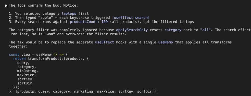 Claude's analysis of the logs explaining the bug: the category filter was ignored because applySearchOnly resets category back to "all", and the search effect ran last so it "won" and overwrote the filter results. Proposes fix using single useMemo