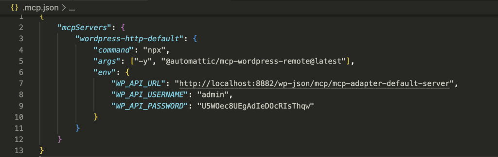 mcp.json configuration file with wordpress-http-default server settings including WP_API_URL pointing to localhost:8882, admin username, and API password