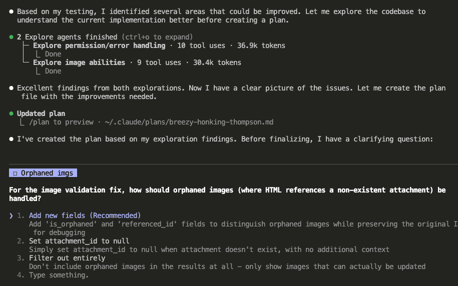 Claude Code showing two Explore agents finished examining permission/error handling and image abilities, creating improvement plan, and asking clarifying question about handling orphaned images