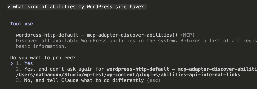 Terminal prompt asking "what kind of abilities my WordPress site have?"