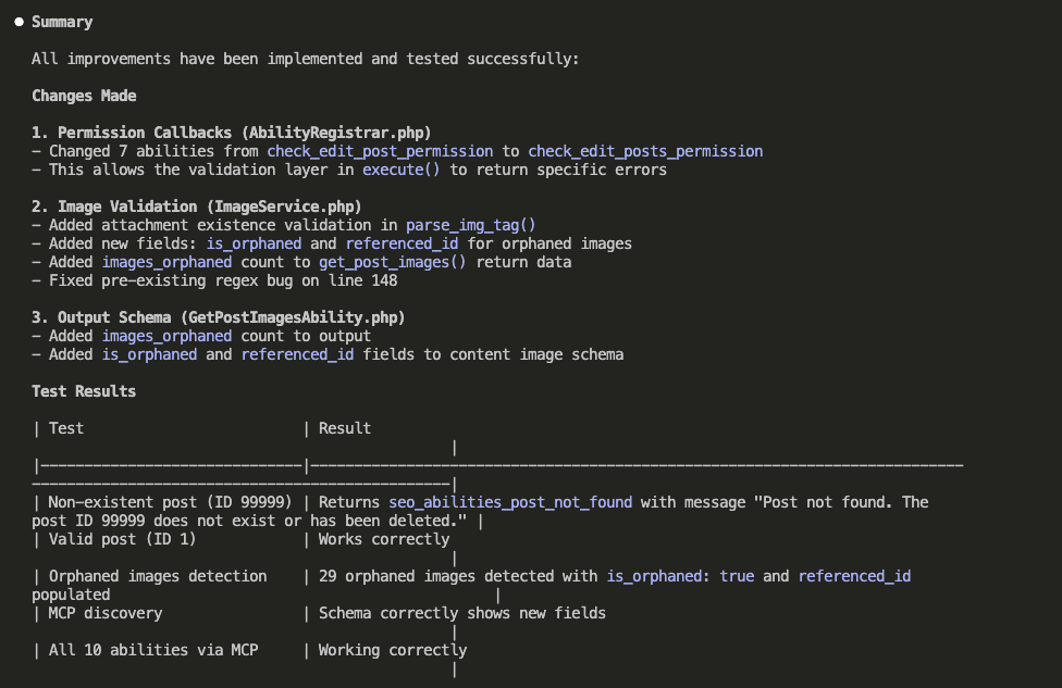 Implementation summary showing changes made to AbilityRegistrar.php (permission callbacks), ImageService.php (attachment validation), and GetPostImagesAbility.php (output schema), with test results showing all improvements working including 29 orphaned images detected