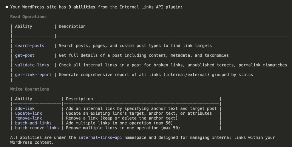 Claude Code response showing a table of 9 abilities split into Read Operations (search-posts, get-post, validate-links, get-link-report) and Write Operations (add-link, update-link, remove-link, batch-add-links, batch-remove-links) with descriptions