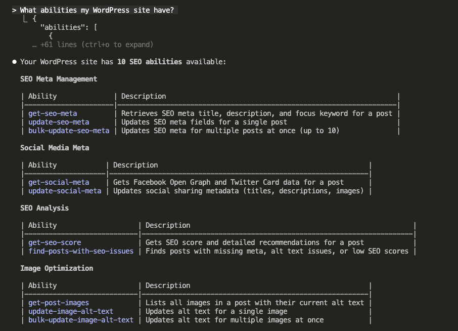 Claude Code response showing 10 SEO abilities available across three categories - SEO Meta Management (get-seo-meta, update-seo-meta, bulk-update-seo-meta), Social Media Meta (get-social-meta, update-social-meta), SEO Analysis (get-seo-score, find-posts-with-seo-issues), and Image Optimization (get-post-images, update-image-alt-text, bulk-update-image-alt-text)