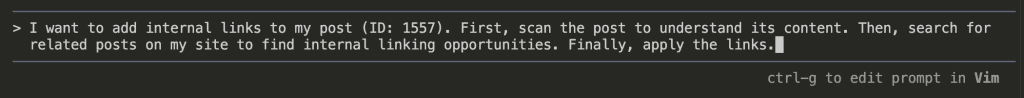 Terminal showing the prompt to add internal links to post 1557