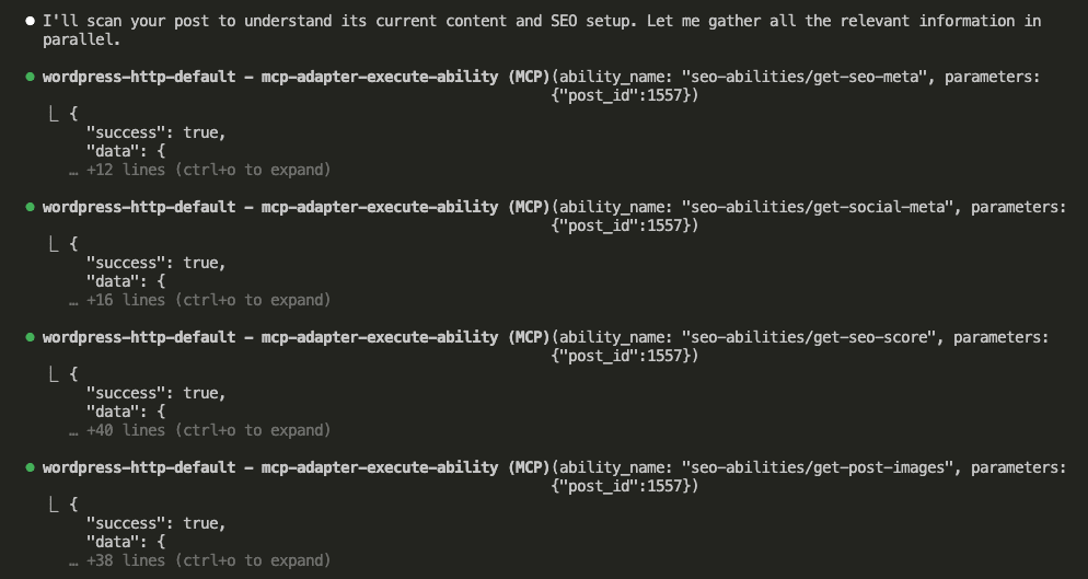 Claude Code executing four MCP abilities in parallel - get-seo-meta, get-social-meta, get-seo-score, and get-post-images - all returning success with data for post ID 1557