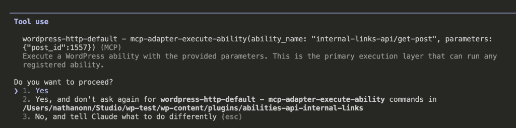 Tool use notification showing Claude Code executing "internal-links-api/get-post" with post_id 1557