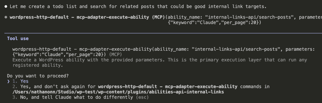 Tool use showing search-posts ability being called with keyword "Claude" and per_page limit of 20