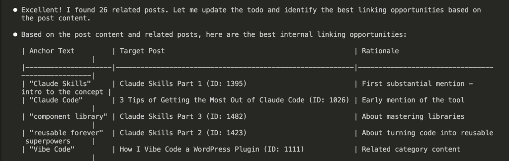 Table showing 5 selected internal links with columns for Anchor Text, Target Post, and Rationale - including links for "Claude Skills", "Claude Code", "component library", and "reusable forever"