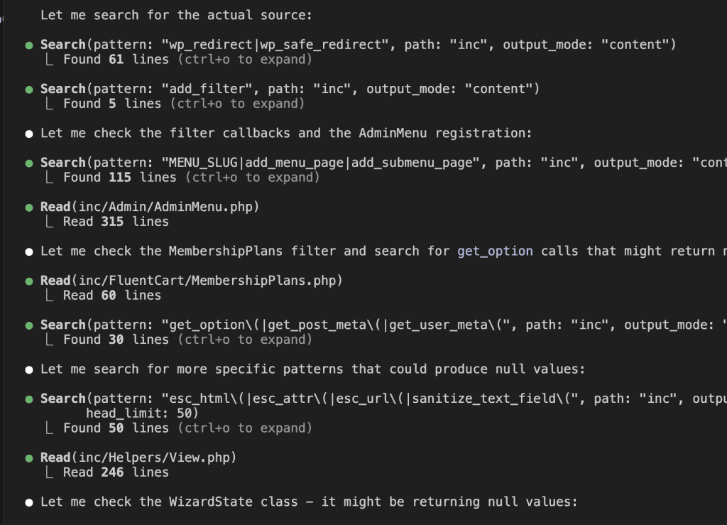 Claude Code executing multiple search commands: searching for wp_redirect, add_filter, get_option patterns, and reading specific files like AdminMenu.php and MembershipPlans.php