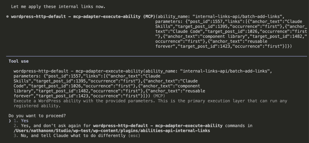 Terminal showing batch-add-links ability being executed with 4 link objects containing anchor text, target post IDs, and occurrence settings