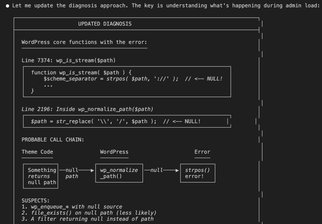 Claude's updated ASCII diagram showing the probable call chain: Something returns null path, which goes to wp_normalize_path(), which then causes the strpos() error. Suspects listed: wp_enqueue with null source, file_exists on null path, filter returning null instead of path