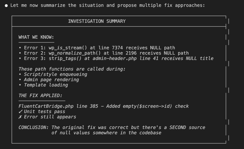 Claude's Investigation Summary showing three identified errors receiving NULL values, the functions they're called during (script/style enqueueing, admin page rendering, template loading), and noting that the original fix was correct but there's a second source of null values