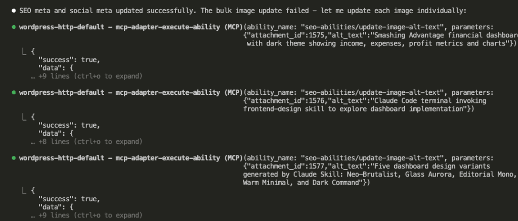 Claude Code updating image alt text individually for three attachments - financial dashboard image (ID 1575), Claude Code terminal screenshot (ID 1576), and dashboard design variants (ID 1577) - after bulk update failed