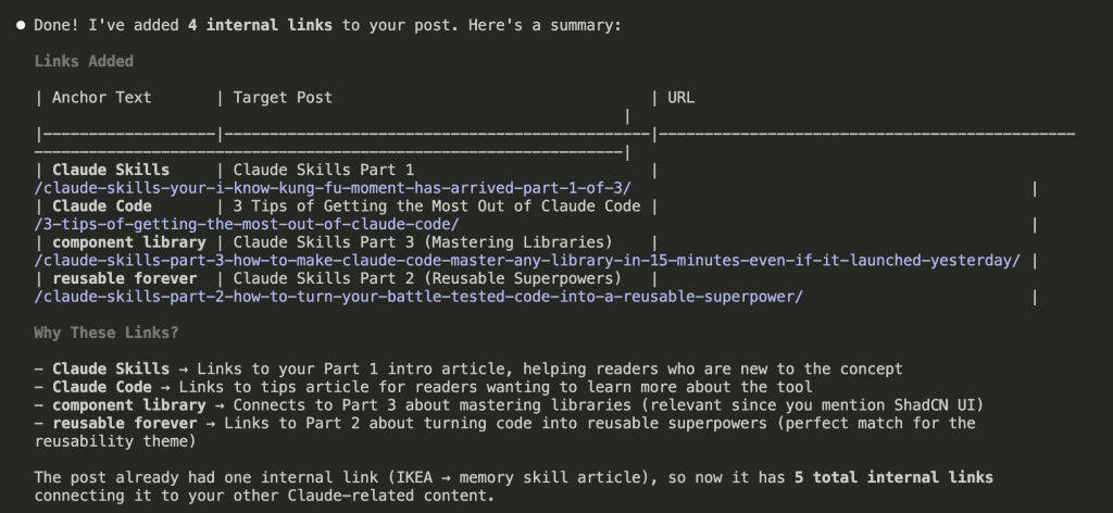 Summary table showing 4 links added with their anchor texts, target posts, and URLs, plus explanations of why each link was chosen based on content relevance