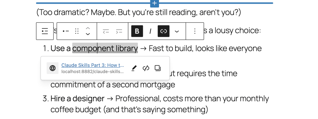 WordPress editor showing "component library" linked to Part 3 article about mastering libraries