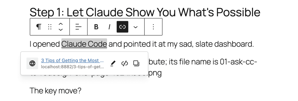 WordPress editor showing "Claude Code" linked to tips article in the context of opening Claude Code and pointing at dashboard