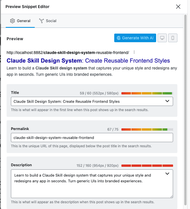 Rank Math Preview Snippet Editor showing General tab with optimized title "Claude Skill Design System: Create Reusable Frontend Styles" at 59/60 characters, permalink, and description at 152/160 characters with visual length indicators