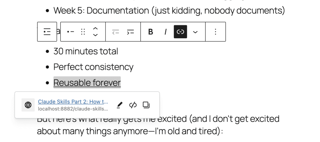 WordPress editor showing "Reusable forever" linked to Part 2 article about turning code into reusable superpowers