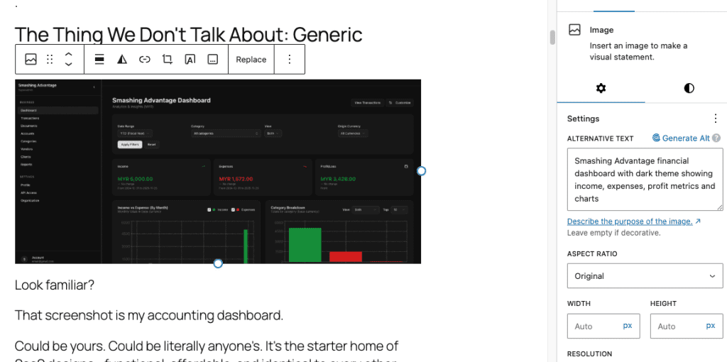 WordPress block editor showing financial dashboard image with Image settings panel displaying alt text "Smashing Advantage financial dashboard with dark theme showing income, expenses, profit metrics and charts"
