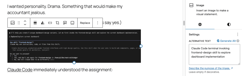 WordPress block editor showing Claude Code terminal screenshot with Image settings panel displaying alt text "Claude Code terminal invoking frontend-design skill to explore dashboard implementation"