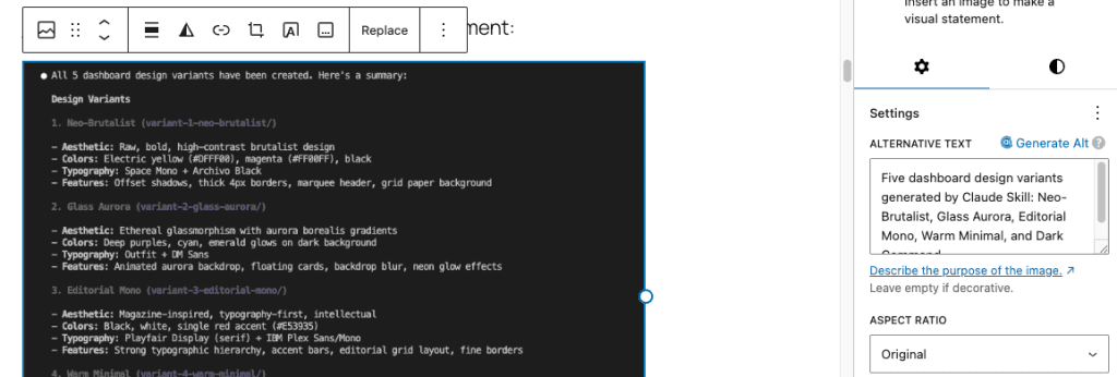 WordPress block editor showing dashboard design variants image with Image settings panel displaying alt text "Five dashboard design variants generated by Claude Skill: Neo-Brutalist, Glass Aurora, Editorial Mono, Warm Minimal, and Dark Command"