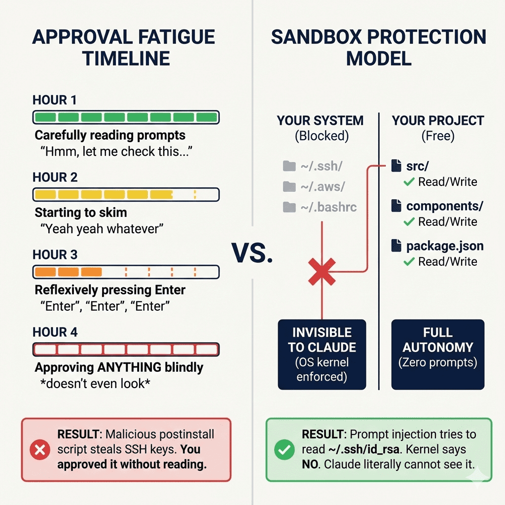 Infographic contrasting two security models. The left side, titled "APPROVAL FATIGUE TIMELINE," shows a four-hour progression: Hour 1 (green bar): "Carefully reading prompts", quote "Hmm, let me check this...". Hour 2 (yellow bar): "Starting to skim", quote "Yeah yeah whatever". Hour 3 (orange bar): "Reflexively pressing Enter", quote "Enter", "Enter", "Enter". Hour 4 (red bar): "Approving ANYTHING blindly", quote "*doesn't even look*". A red box below shows the result: "RESULT: Malicious postinstall script steals SSH keys. You approved it without reading." with a red X icon. The right side, titled "SANDBOX PROTECTION MODEL," shows two columns: "YOUR SYSTEM (Blocked)" with system directories (~/.ssh/, ~/.aws/, ~/.bashrc) marked with a red X and connected to a box labeled "INVISIBLE TO CLAUDE (OS kernel enforced)". The second column, "YOUR PROJECT (Free)", lists project files (src/, components/, package.json) with green checkmarks indicating "Read/Write", connected to a box labeled "FULL AUTONOMY (Zero prompts)". A green box below shows the result: "RESULT: Prompt injection tries to read ~/.ssh/id_rsa. Kernel says NO. Claude literally cannot see it." with a green checkmark icon. A large "VS." separates the two main sections.